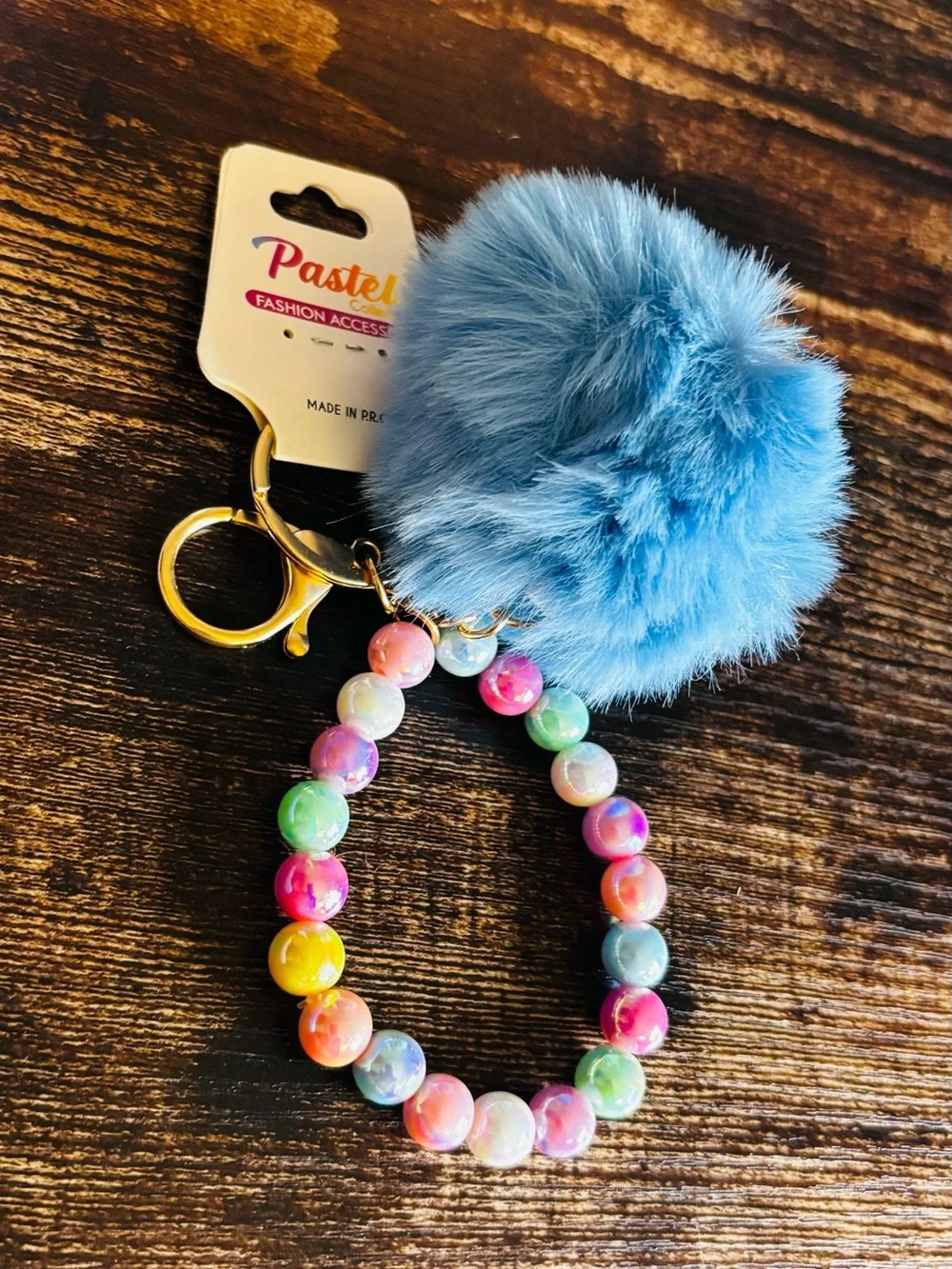 Pastels Light Blue Pom-Pom Beaded Wrist Keychain with Multicolor Beads